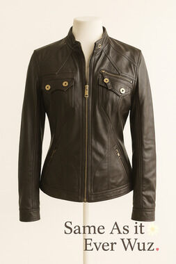 Freda M Brown Faux Leather Moto Jacket Gold Zip Pockets Vegan PVC Lined